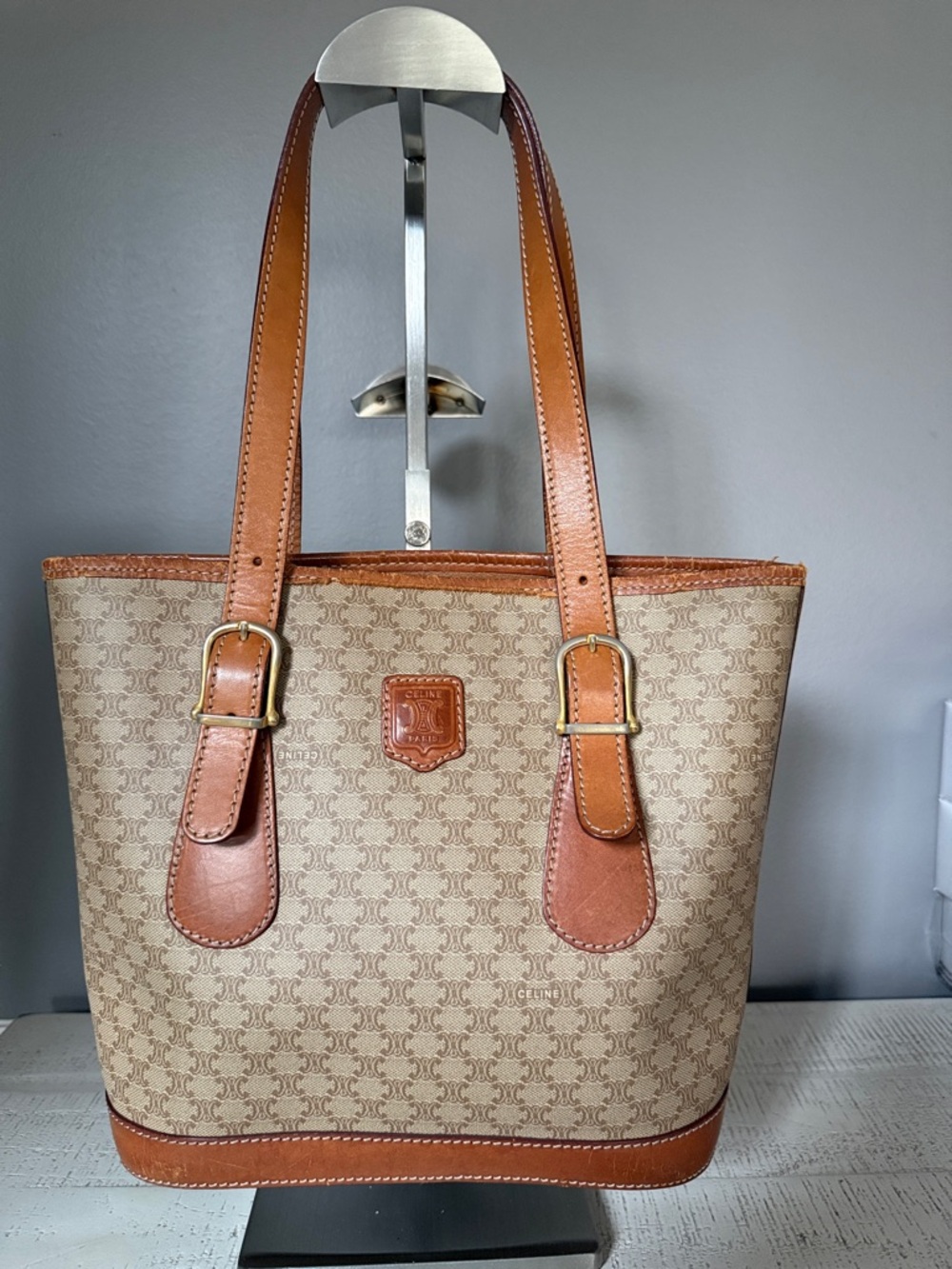 GUC Celine Beige Canvas Tote with Tan Leather Trim
